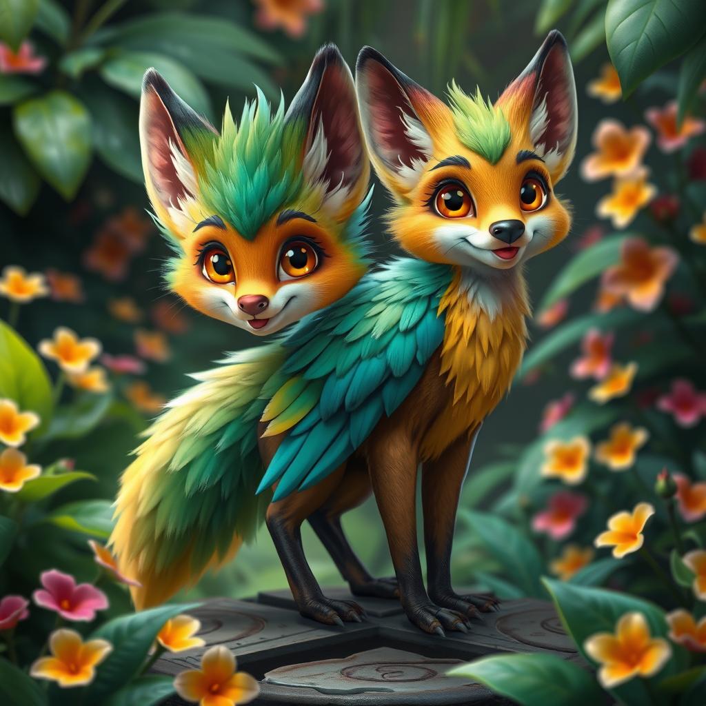 A vibrant and playful creature that is a cross between a fox and a parrot, featuring a lush, multicolored plumage with brilliant green, blue, and yellow feathers