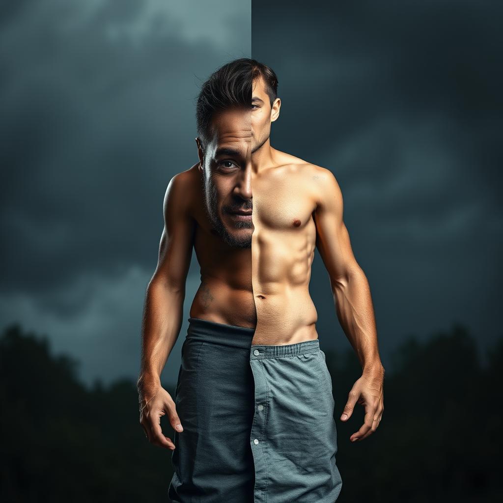 A striking image of a man who is visually divided into two halves