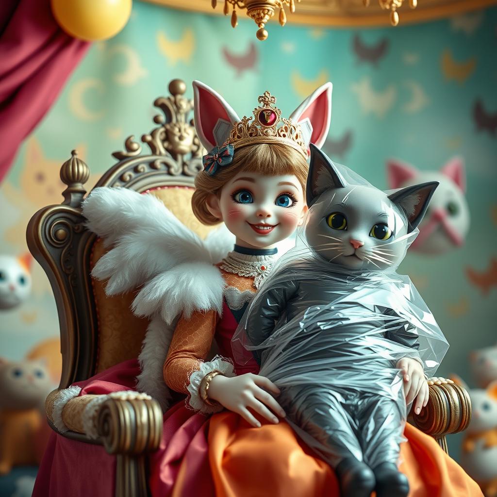 A whimsical and imaginative queen character dressed in a cat-themed outfit, adorned with royal accessories