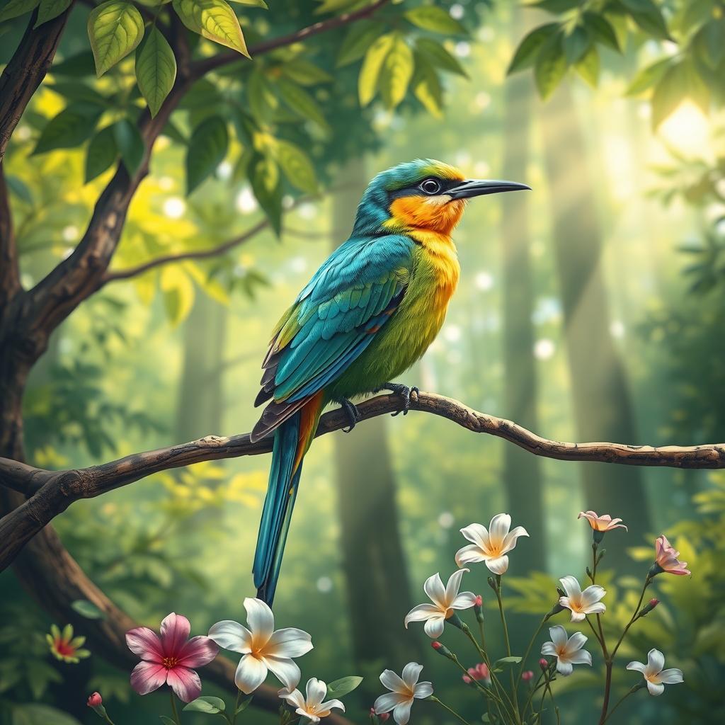 A vivid, detailed illustration of a colorful bird perched on a branch