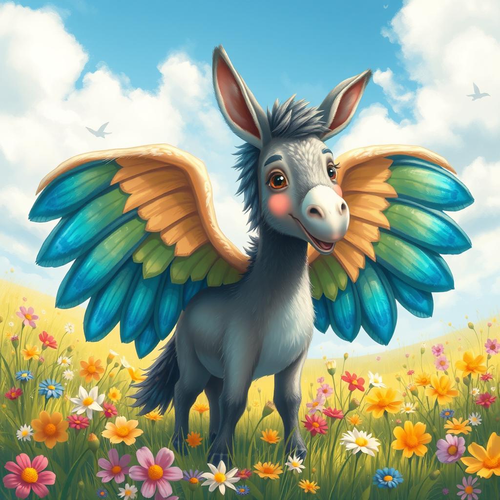 An imaginative and whimsical illustration of a fantastical creature that combines elements of a donkey and a bird