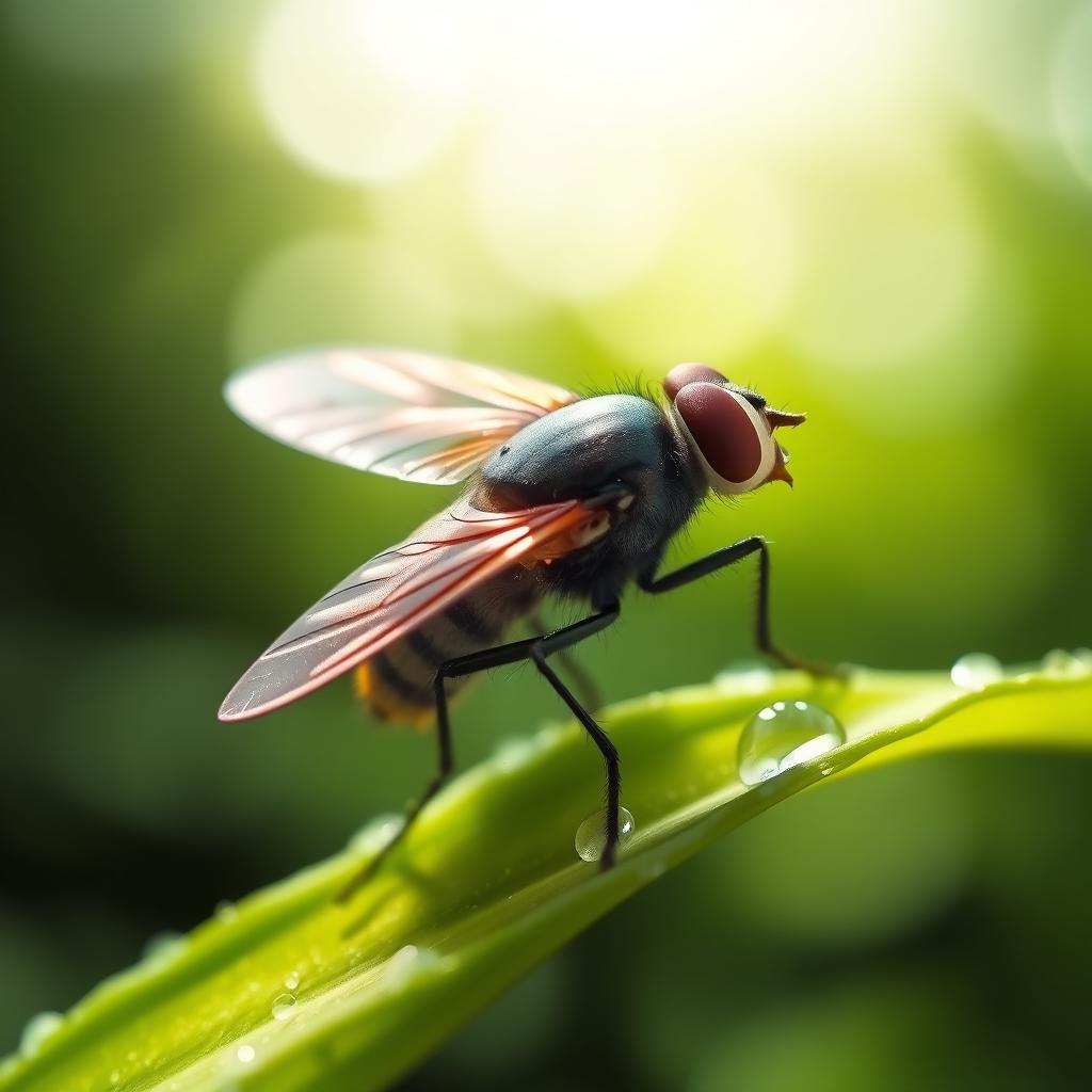 A close-up of a fly resting on a leaf, showcasing its iridescent wings and intricate details of its body