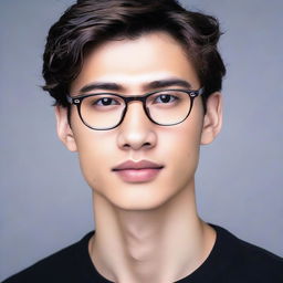 Tall young man, standing at 195cm, with white skin, dark honey-colored hair, and honey-colored eyes. Wearing black round-framed glasses, and medium length hair.