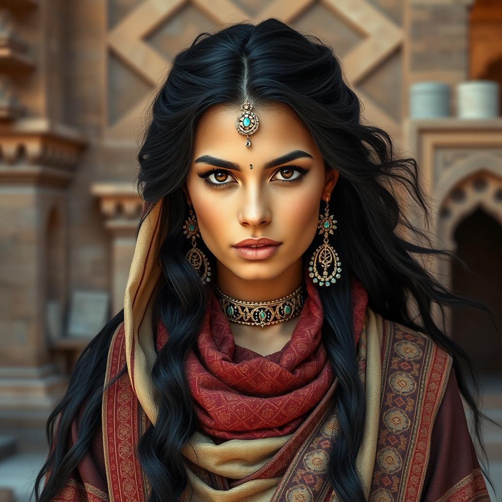 A stunning portrait of an ancient Arab woman, dressed in traditional attire reflecting the rich cultural heritage of the region