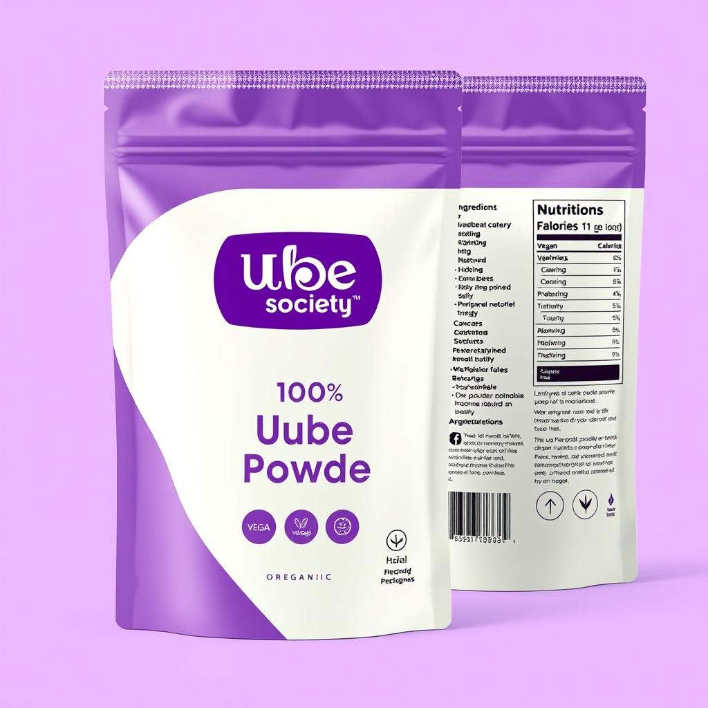 Create a modern package design for 100g of Ube Powder, prominently featuring the 'Ube Society' logo in vibrant purple on the front