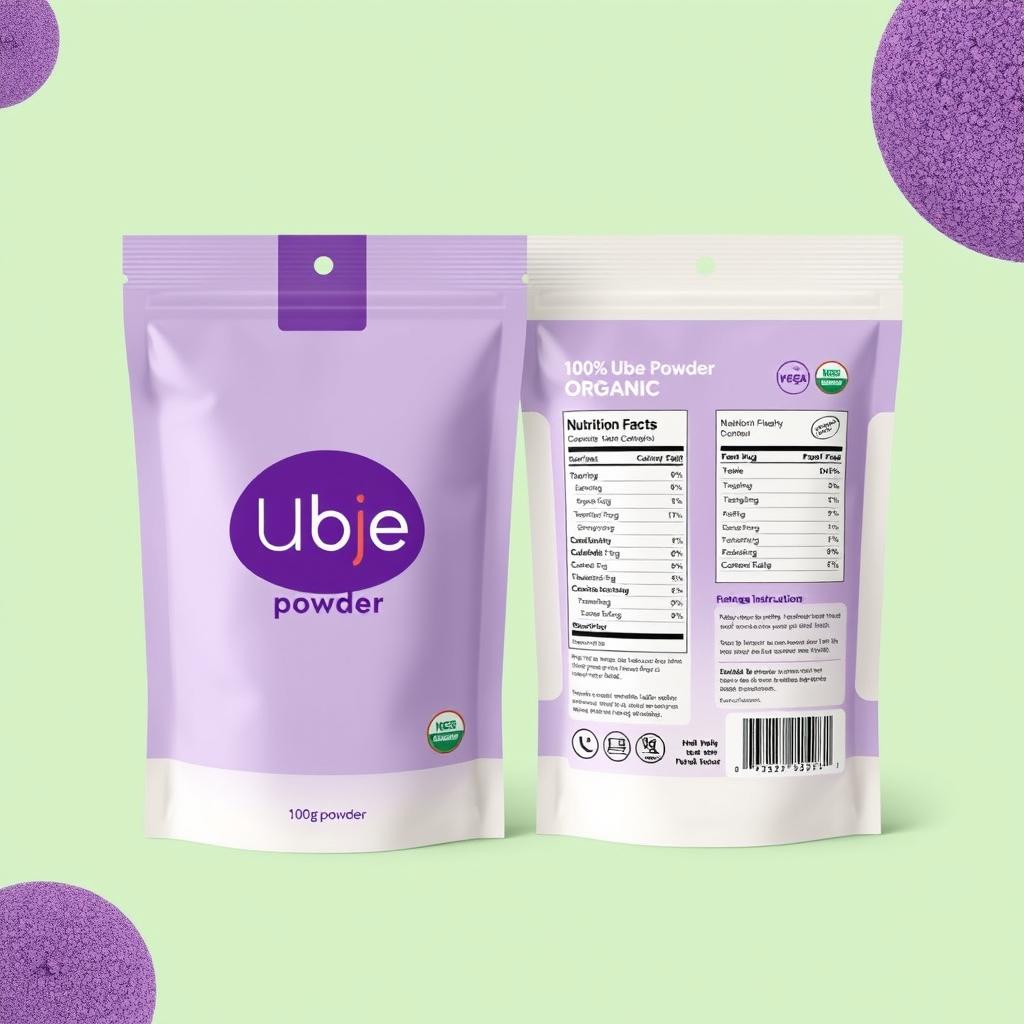 Design a modern package for 100g of Ube Powder featuring the 'ubē powder' logo in a vibrant purple on the front