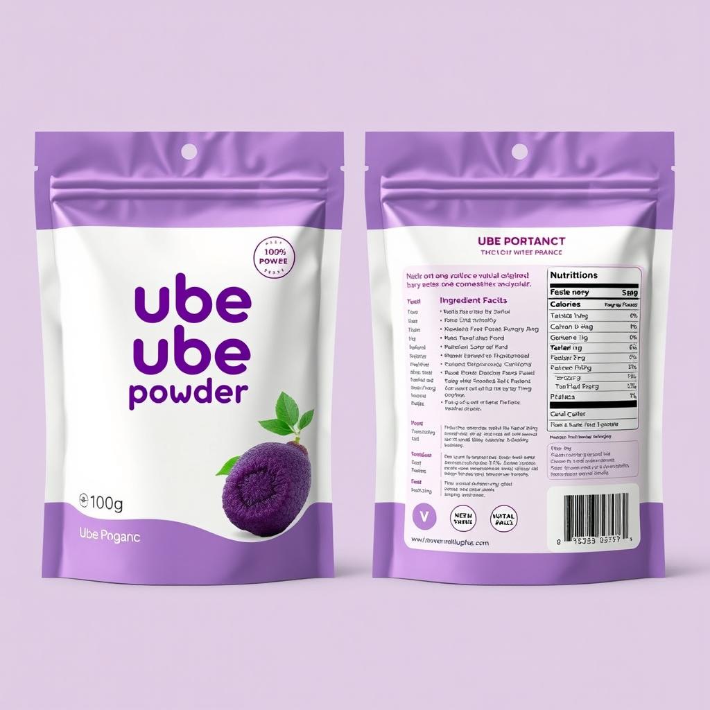 Design a modern package for 100g of Ube Powder, featuring the 'ubē powder' logo in vibrant purple prominently on the front