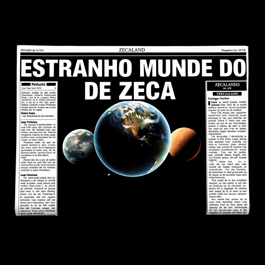 A newspaper titled 'Estranho Mundo De Zeca' featuring a striking design in black background with large white text