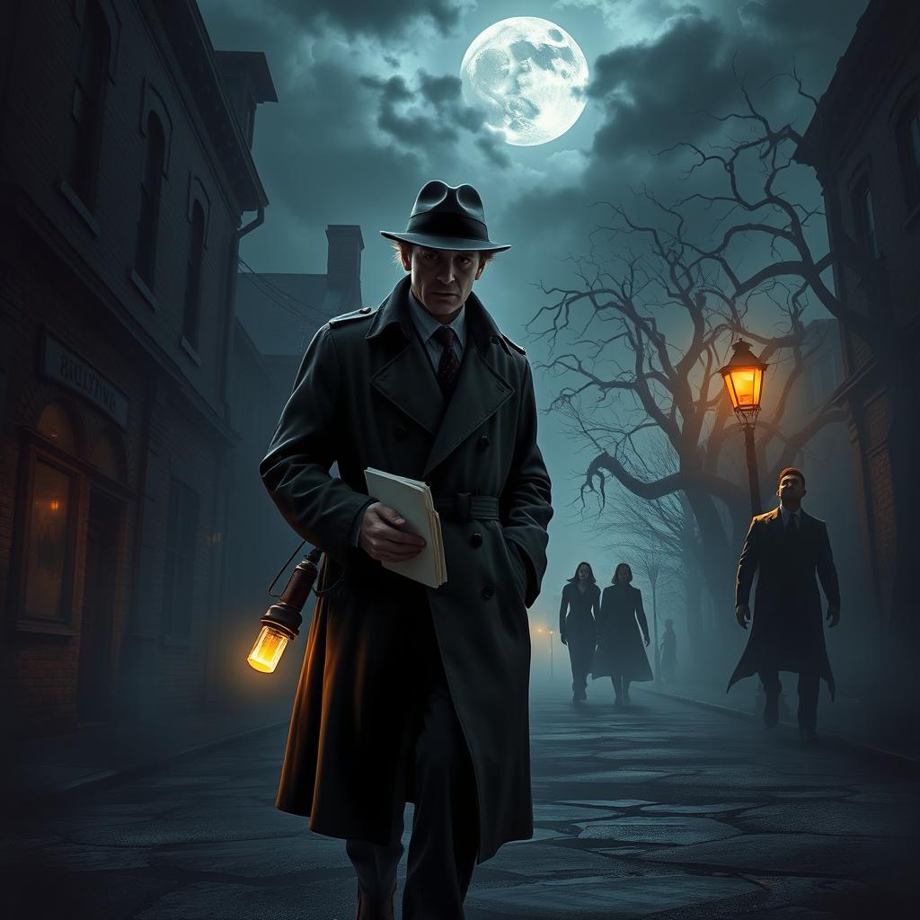 A gritty scene depicting a detective walking down a dark, foggy street, with dim streetlights casting eerie shadows