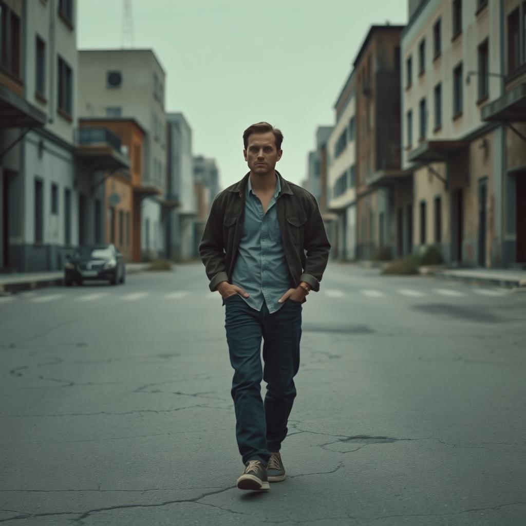A solitary man walking in an empty street, surrounded by desolate buildings