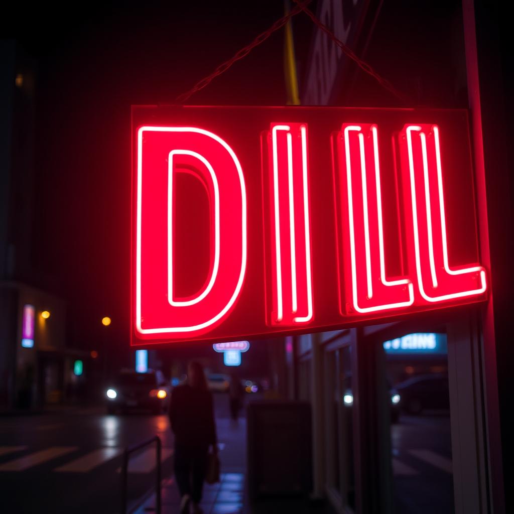 A captivating image of a neon red sign that reads 'DILL', with the letter 'D' positioned right beside 'ILL', giving an appealing urban vibe