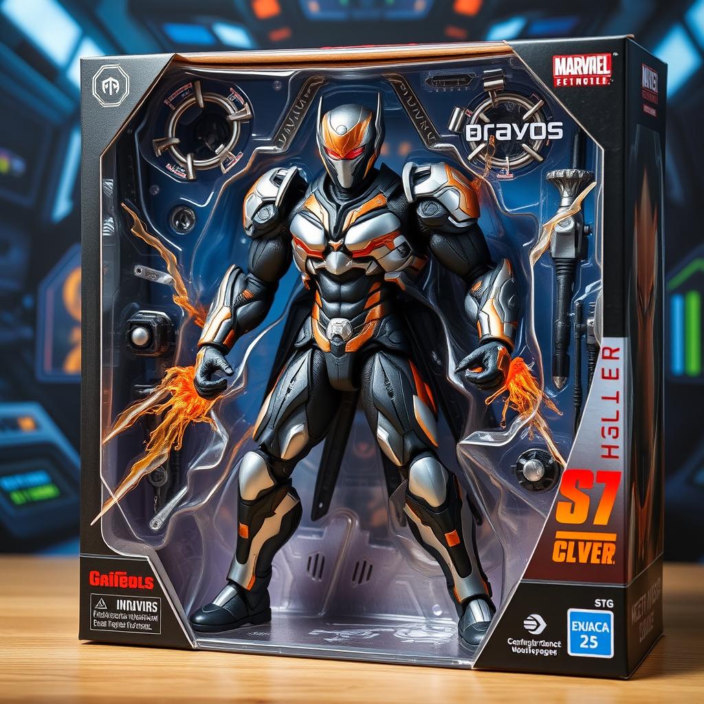 A highly detailed action figure with intricate designs, featuring a dynamic pose that conveys action and intensity