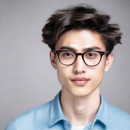 Tall young man, standing at 195cm, with white skin, dark honey-colored hair, and honey-colored eyes. Wearing black round-framed glasses, and medium length hair.