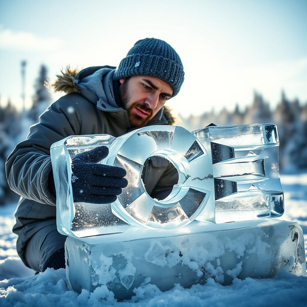 A small man with a determined expression, carefully carving the word "ICE" out of a large, clear ice block