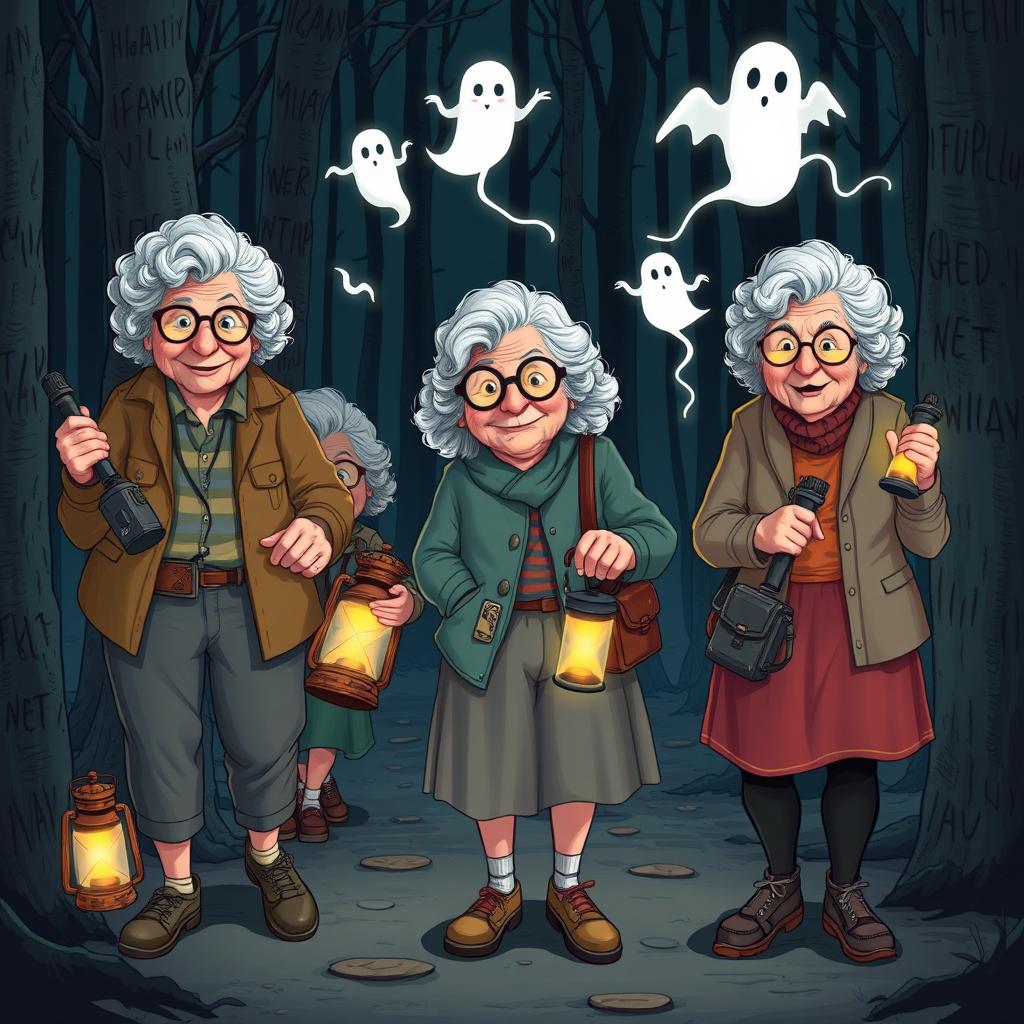 A humorous scene featuring a group of grandmas engaging in ghost hunting