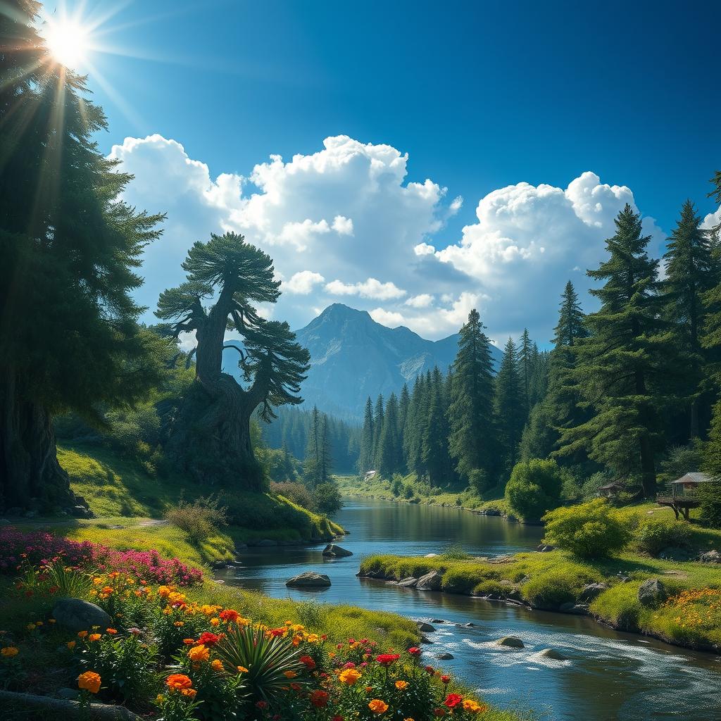 An enchanting landscape featuring a mystical forest with towering ancient trees and vibrant flora
