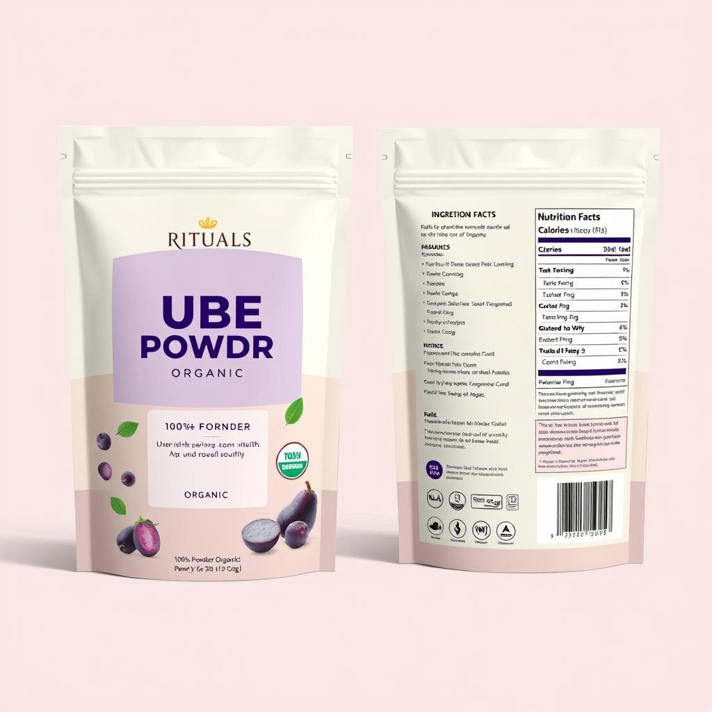 Design a modern package for 100g of Ube Powder under the brand name 'Ube Rituals', featuring '100% Ube Powder Organic' prominently on the front