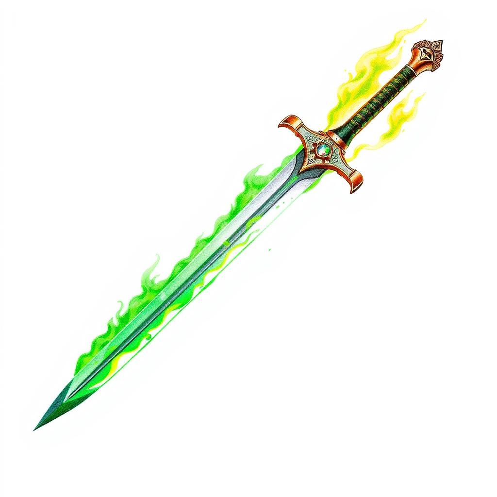 A colorful and dynamic colored pencil sketch of a longsword featuring a striking green flame blade