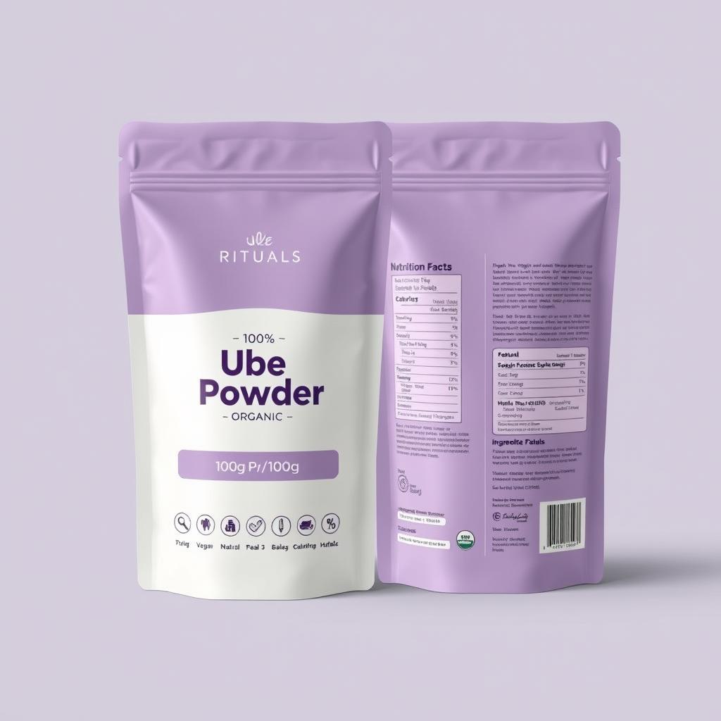 Create a modern package design for 100g of Ube Powder under the brand name 'Ube Rituals'