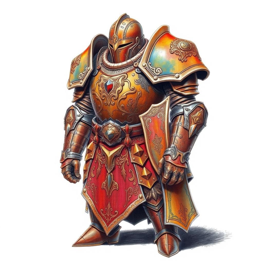 A stunning colored pencil sketch of a heavy suit of fantasy plate armor, showcasing intricate details and vibrant colors