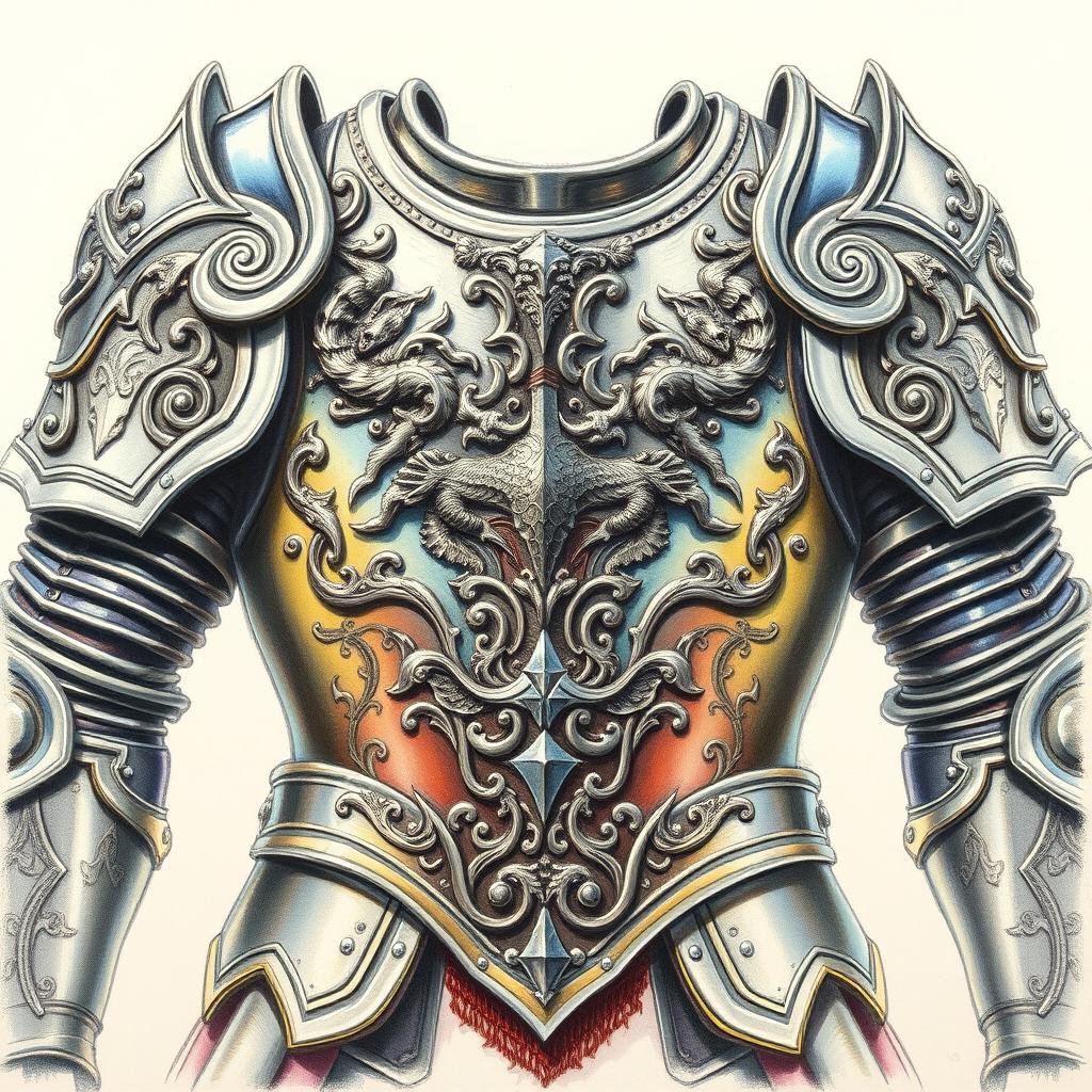 A detailed colored pencil sketch of a heavy chest piece of fantasy plate armor, showcasing its strong and imposing design