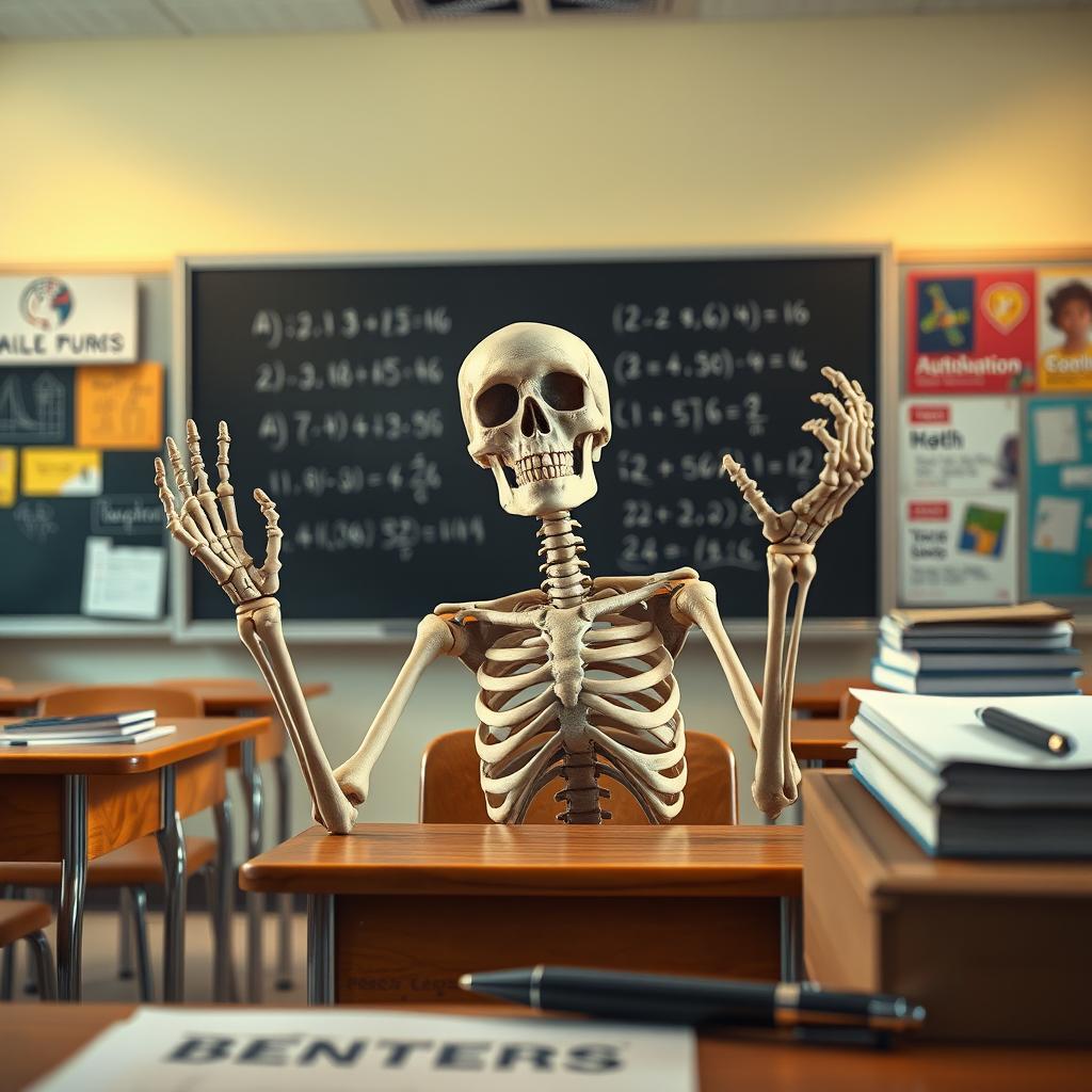 A humorous scene featuring a skeleton sitting at a classroom desk, looking comically desperate while raising one bony hand in a pleading gesture