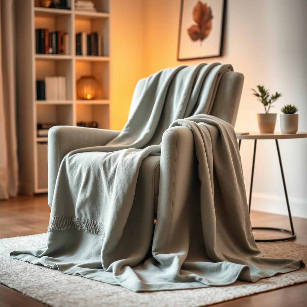 a cozy living room scene featuring a minimalist design with a smooth, plain gray blanket draped elegantly over a stylish armchair