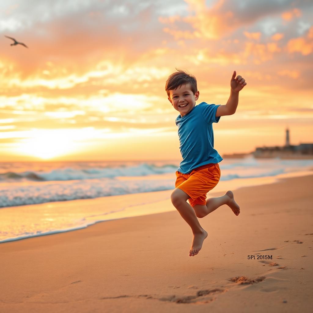 A joyful 10-year-old boy jumping and skipping along a beautiful beach at sunset, around 5 PM