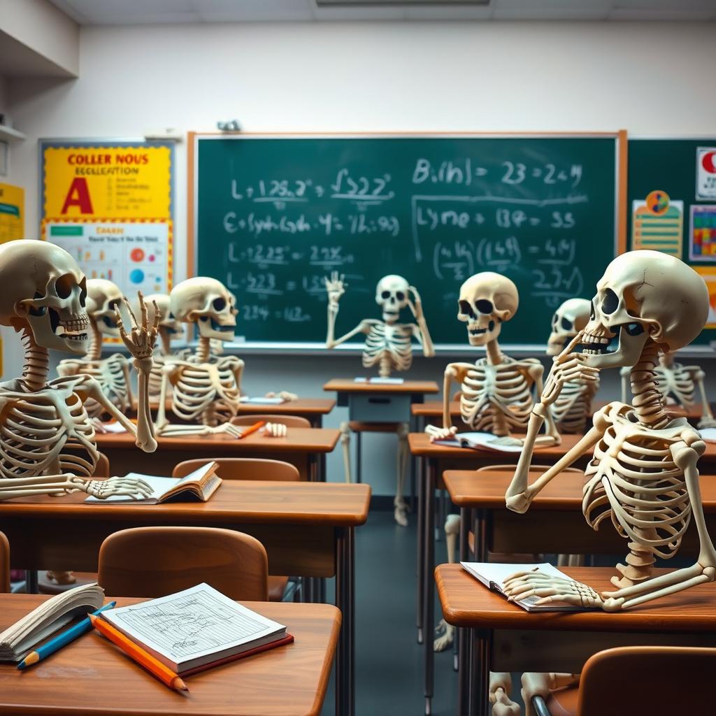 An amusing classroom scene filled with skeleton students sitting at their desks, all focused on a chalkboard where a skeleton teacher is writing equations