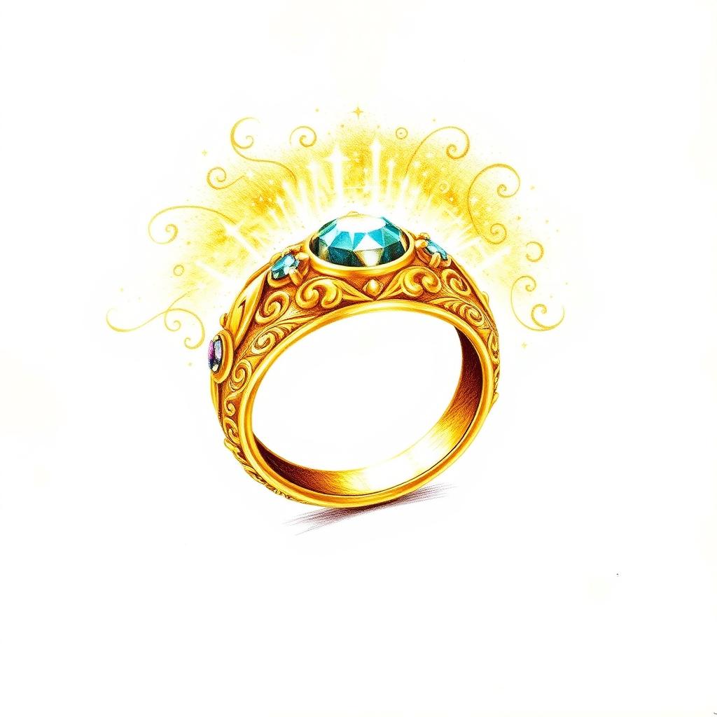 A beautiful colored pencil sketch of a fantasy gold ring that emanates a radiant holy force field