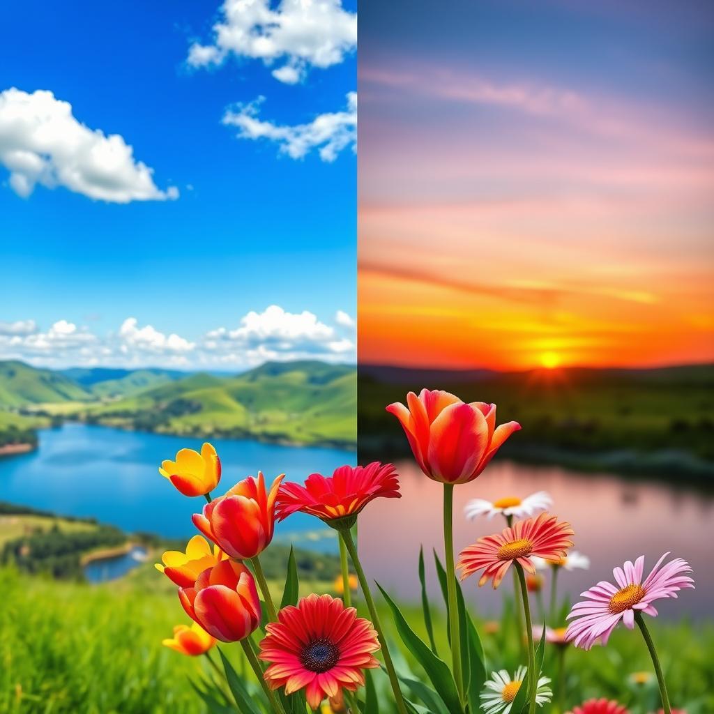 A collage of two photos featuring a vibrant summer landscape with colorful flowers in full bloom