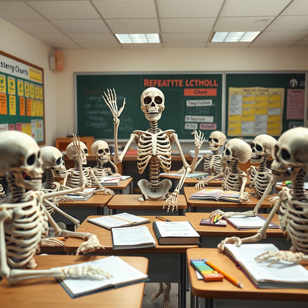 A lively classroom scene with a skeleton teacher at the front, passionately explaining a lesson to a classroom filled with skeleton students