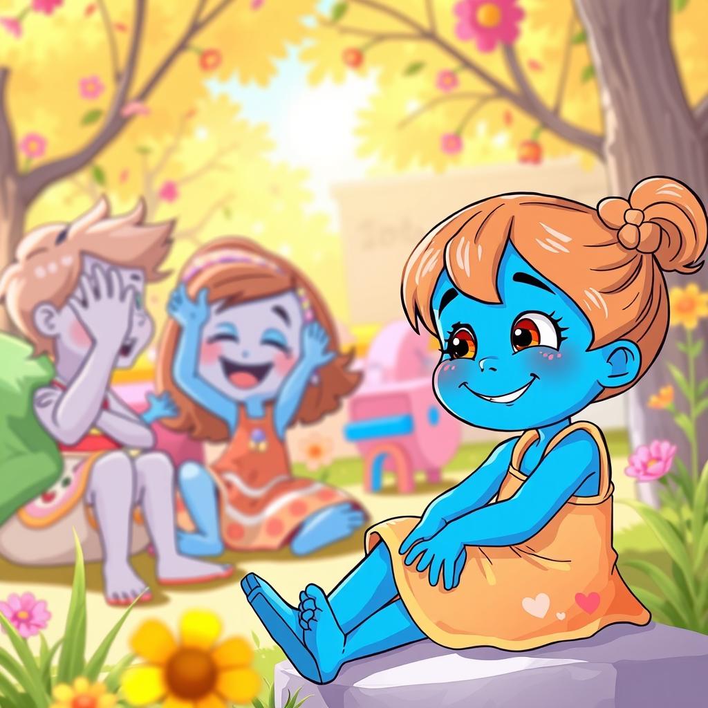 A whimsical scene featuring a playful little girl sitting on the right with her skin colored in vibrant blue, joyfully interacting with her surroundings