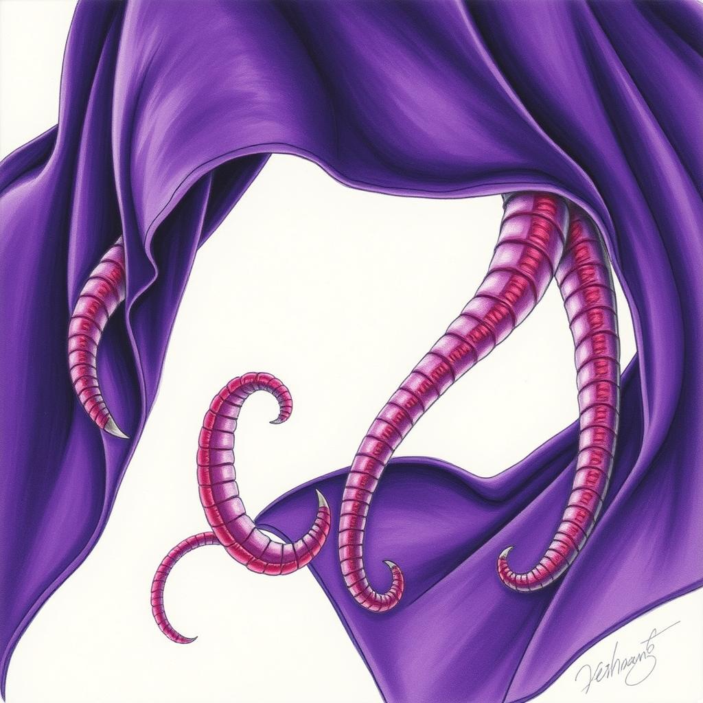A captivating colored pencil sketch of a dark purple cloak, dramatically flowing with tentacles emerging from its edges
