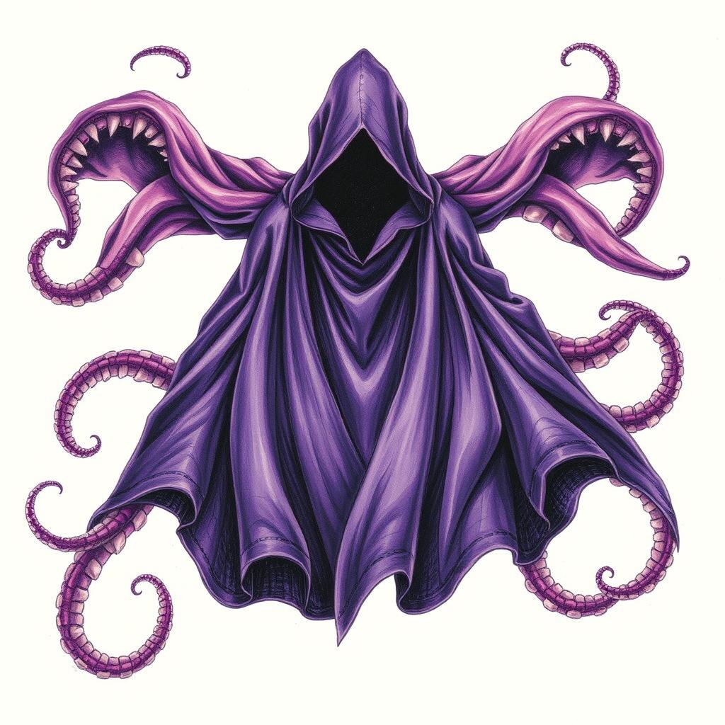 A striking colored pencil sketch featuring a dark purple cloak, centered in the frame, with D&D-related displacement beast tentacles flowing dramatically from its edges