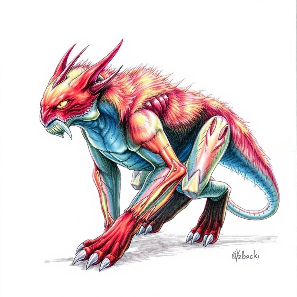A dynamic colored pencil sketch of a D&D displacement beast, capturing its unique characteristics and otherworldly presence