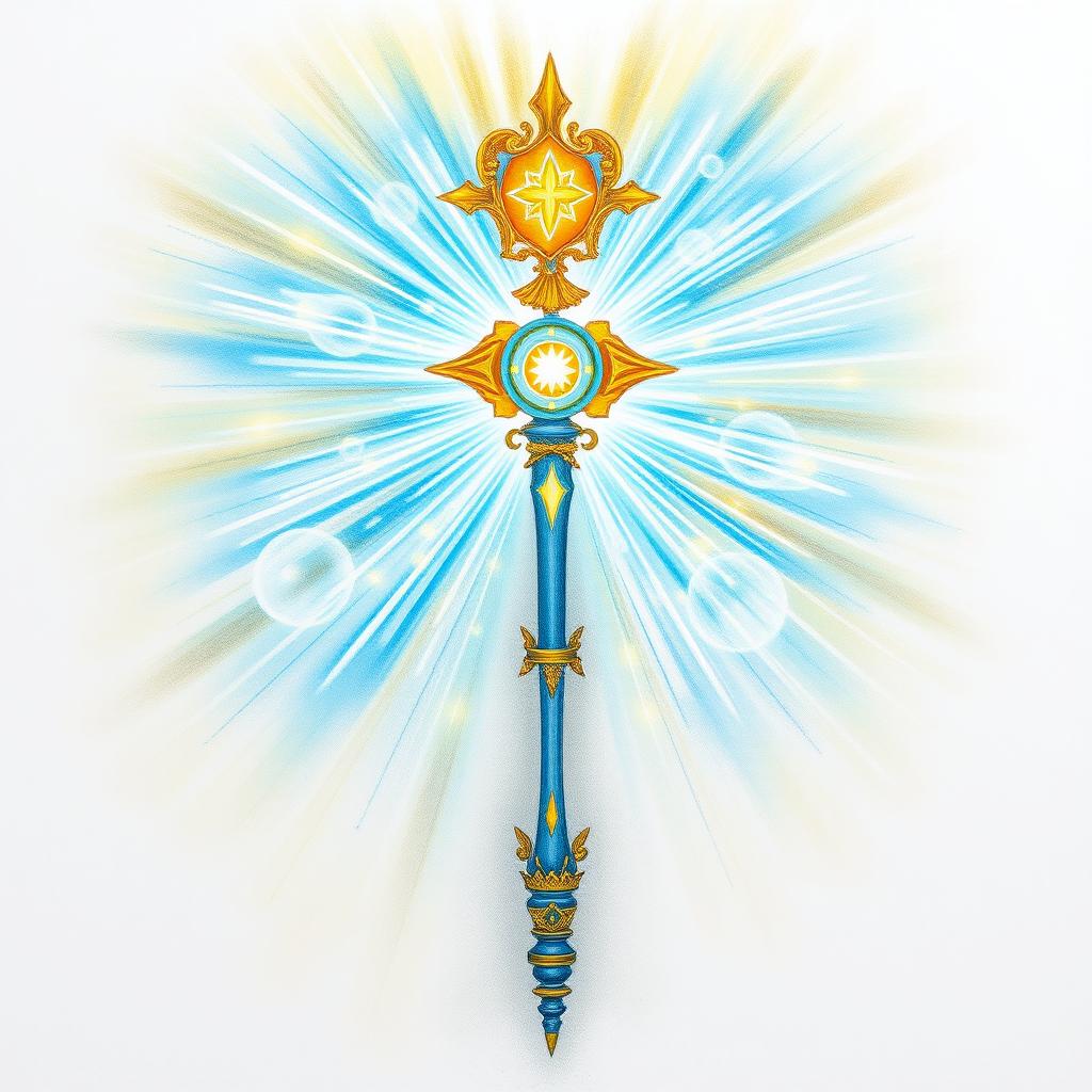 A beautiful colored pencil drawing of a holy magical staff, centrally positioned and radiating a vibrant holy energy