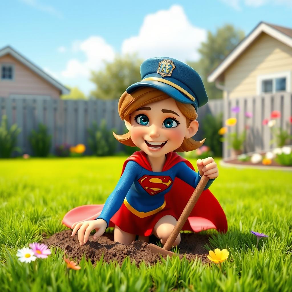 In a vibrant backyard setting, Supergirl, adorned in her iconic outfit, is humorously wearing a police hat while energetically digging into the ground
