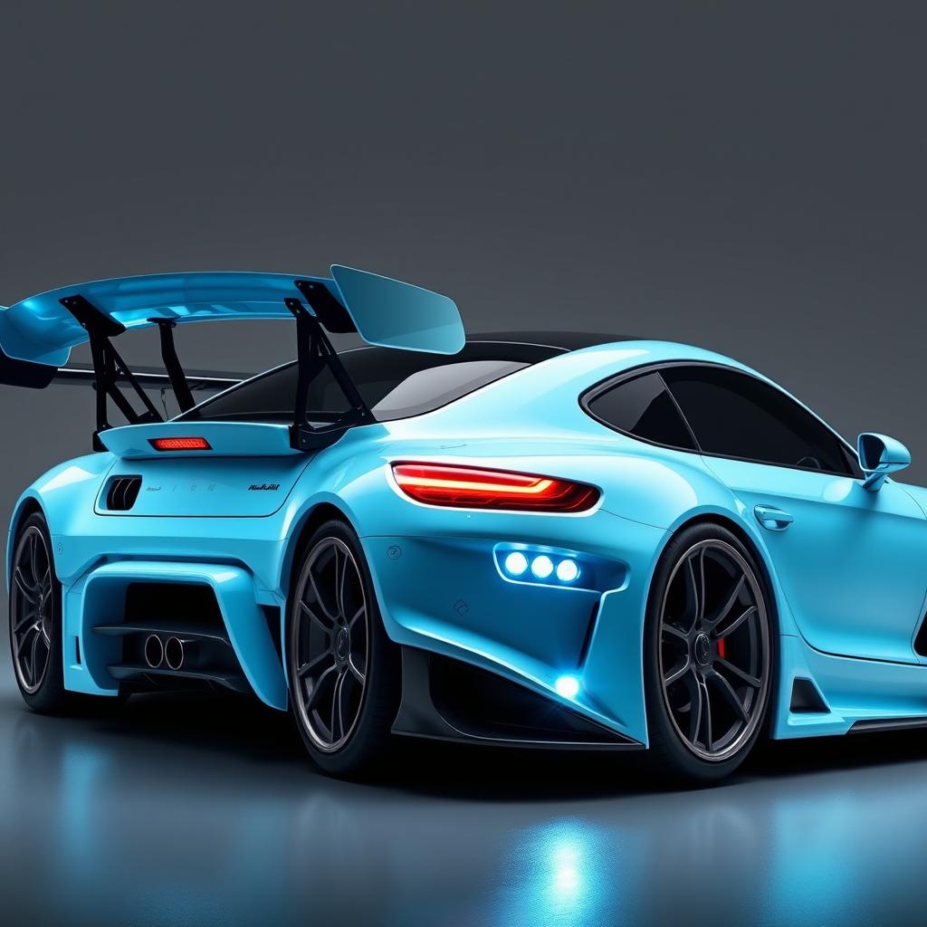 A stunning light blue two-door sports car without a roof, featuring a large wing and unique body kits
