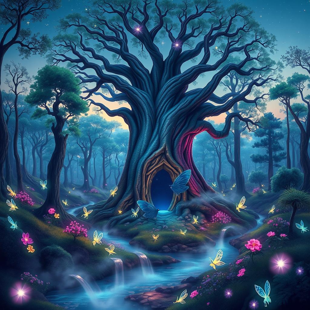 An enchanting forest scene during twilight, where the trees are alive with bioluminescent flowers that cast a soft, ethereal glow