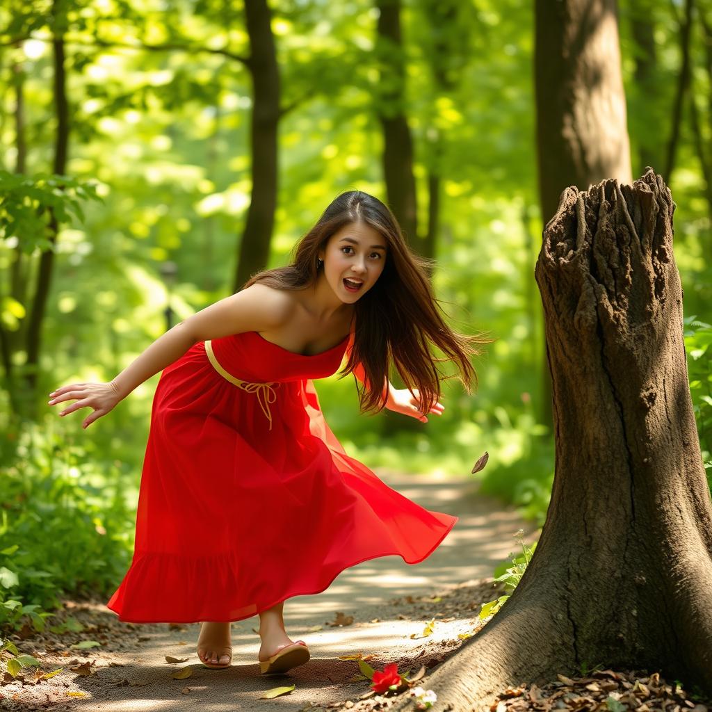 A young woman in a vibrant red dress tripping over a protruding tree root on a sunlit forest path