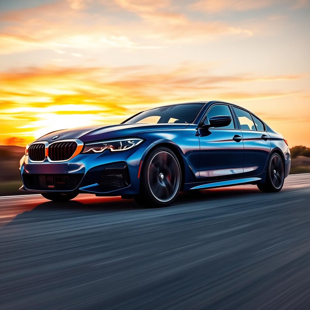 a sleek BMW 3 Series sedan, showcasing its sporty design and aggressive stance, with a vivid blue color and shiny polished chrome accents