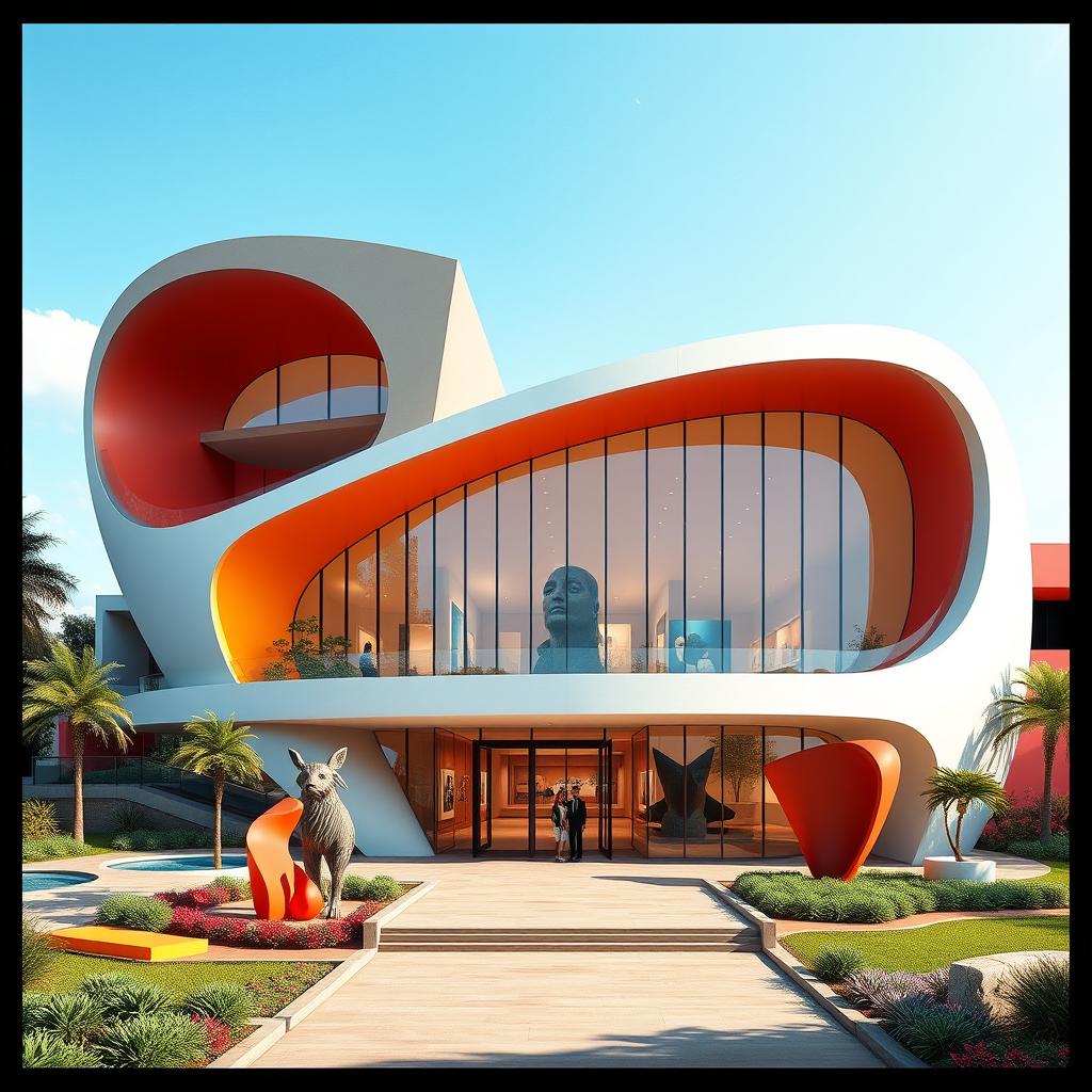 An architectural concept design for a museum inspired by Bahman Mohasses, showcasing bold, abstract forms and vibrant colors reminiscent of Mohasses's distinct artistic style