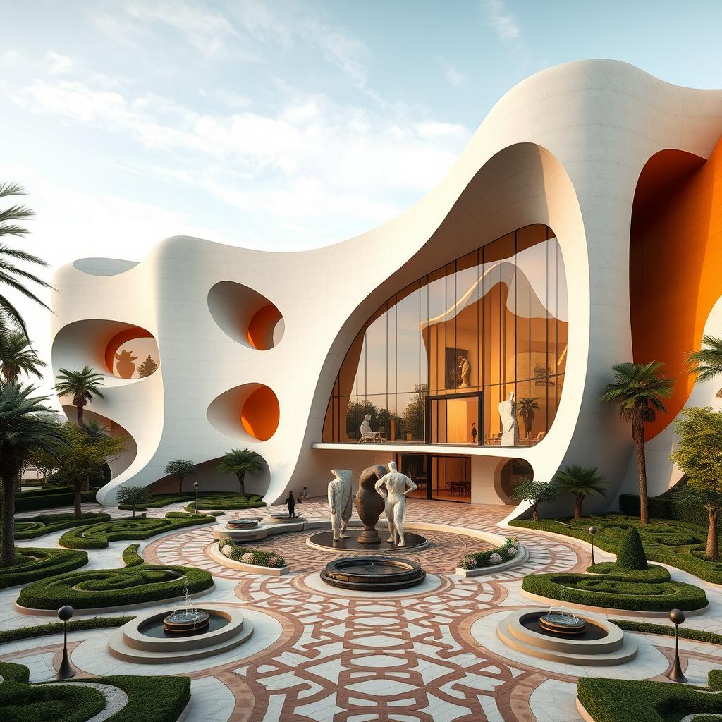 An architectural concept design for a museum inspired by Bahman Mohasses, featuring a stunning exterior that combines sculptural elements with bold, abstract shapes