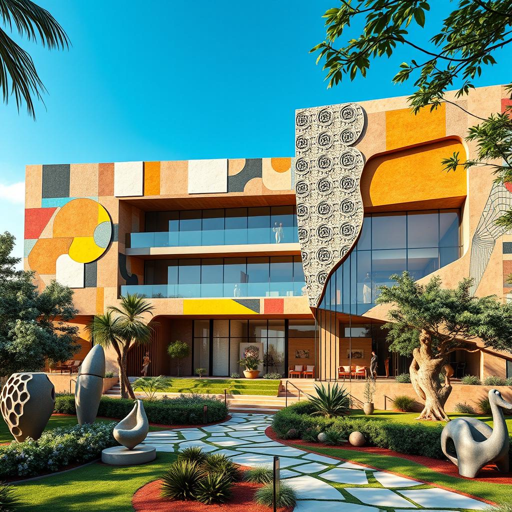 A grand architectural concept for a museum inspired by the unique style of Bahman Mohasses, featuring abstract and bold geometric shapes, intricate patterns, and organic forms