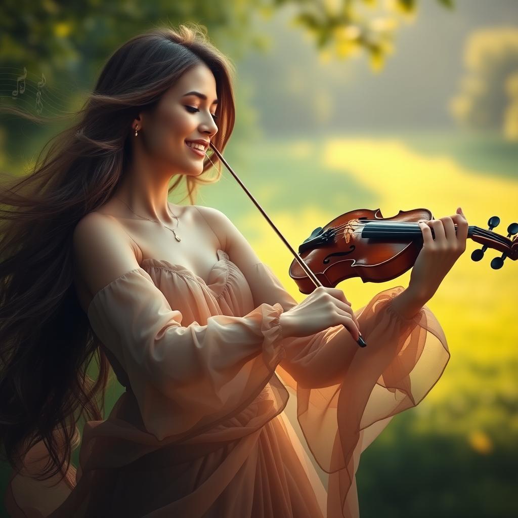 A captivating image of a beautiful woman with long flowing hair playing a violin in a serene setting