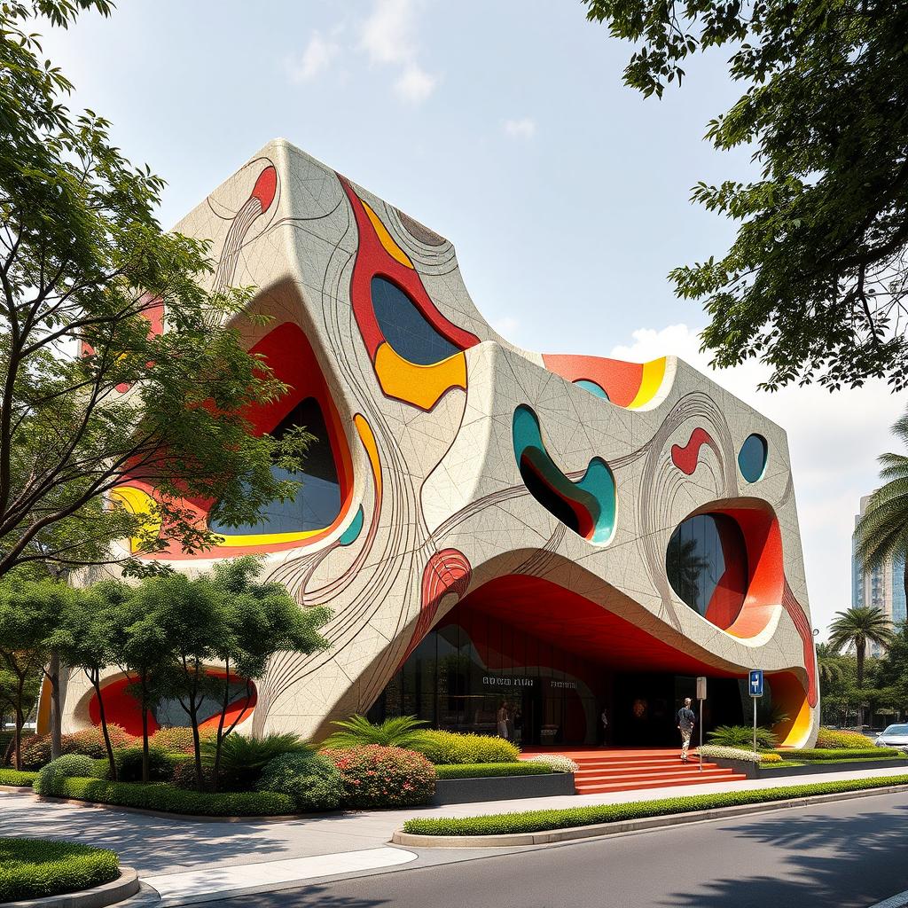 A striking architectural concept for a museum inspired by Bahman Mohasses, featuring bold, dynamic shapes and vibrant colors that echo his artistic personality