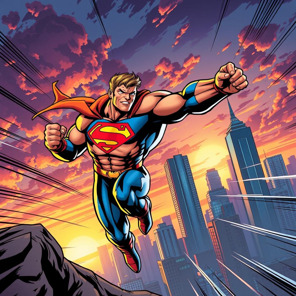 A dynamic comic book cover featuring a heroic superhero in mid-action, showcasing their incredible powers