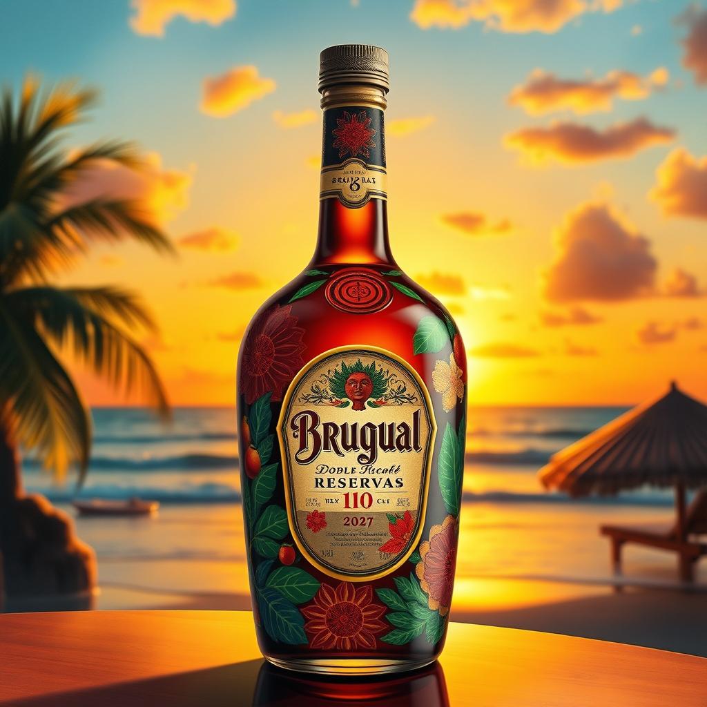 An artistic depiction of a bottle of "Brugal Doble Reservas" rum, designed by a Dominican artist