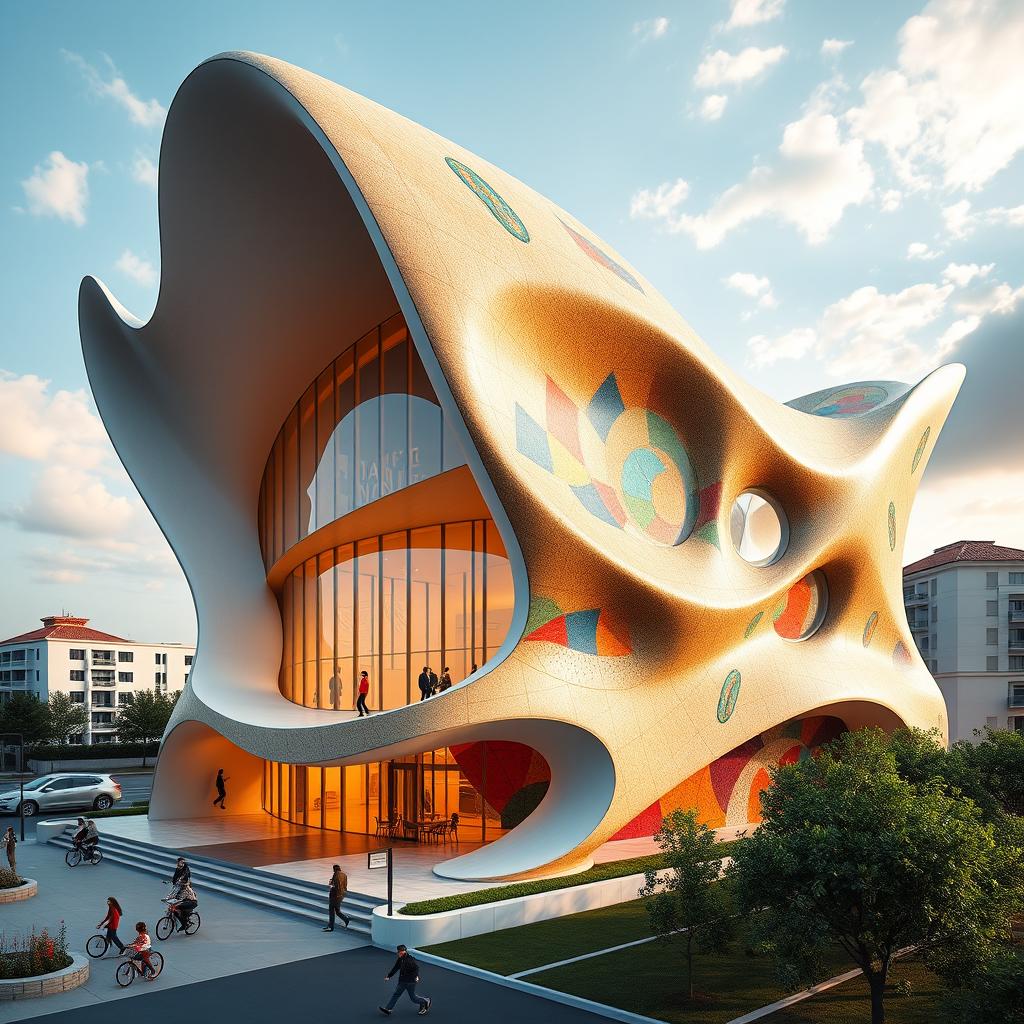 An imaginative architectural design for a museum inspired by Bahman Mohasses, embodying his artistic essence through innovative forms and vibrant hues